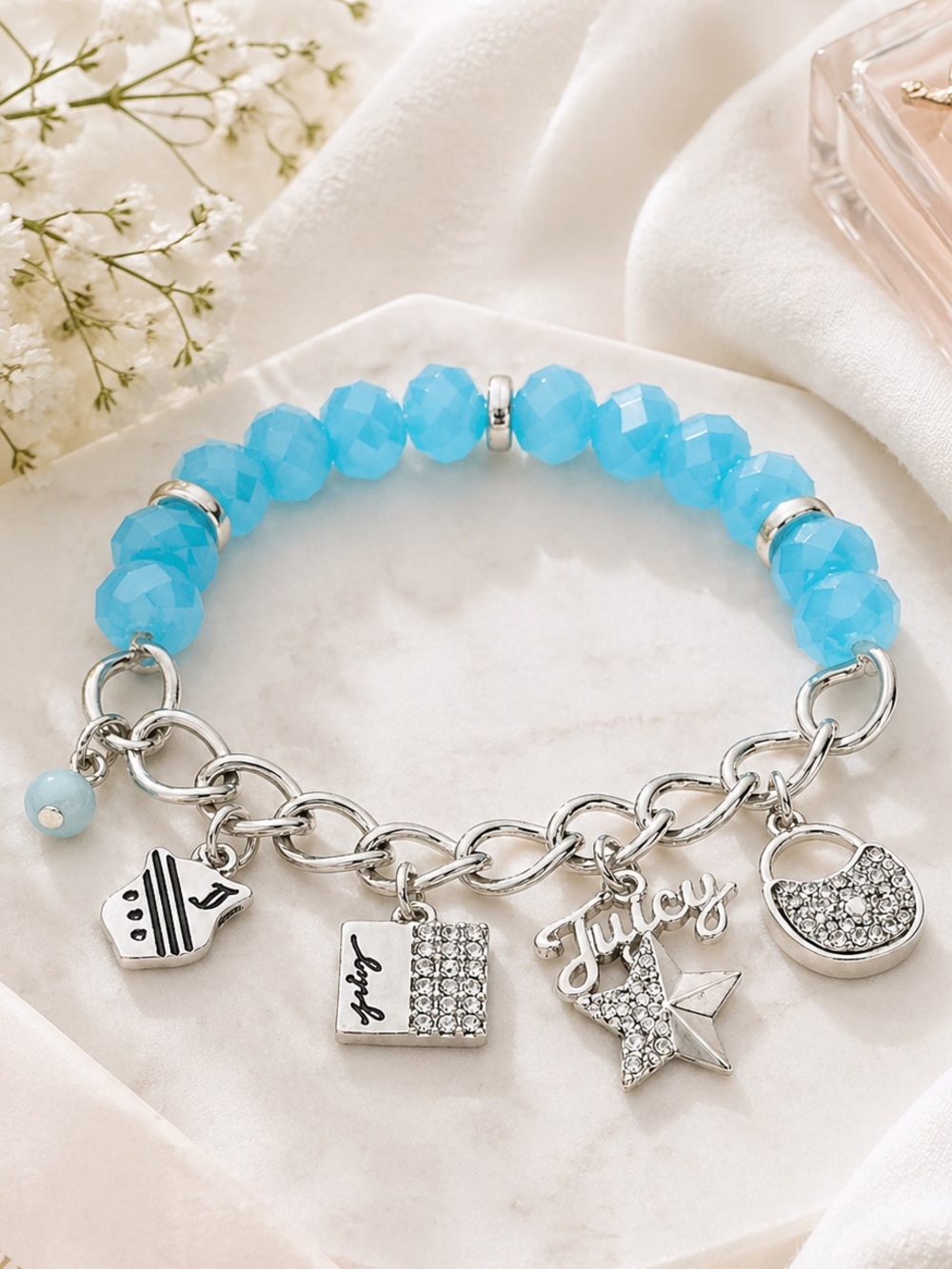 JUICY COUTURE Aqua Beaded Charm Bracelet | Crystal Stretch Silvertone